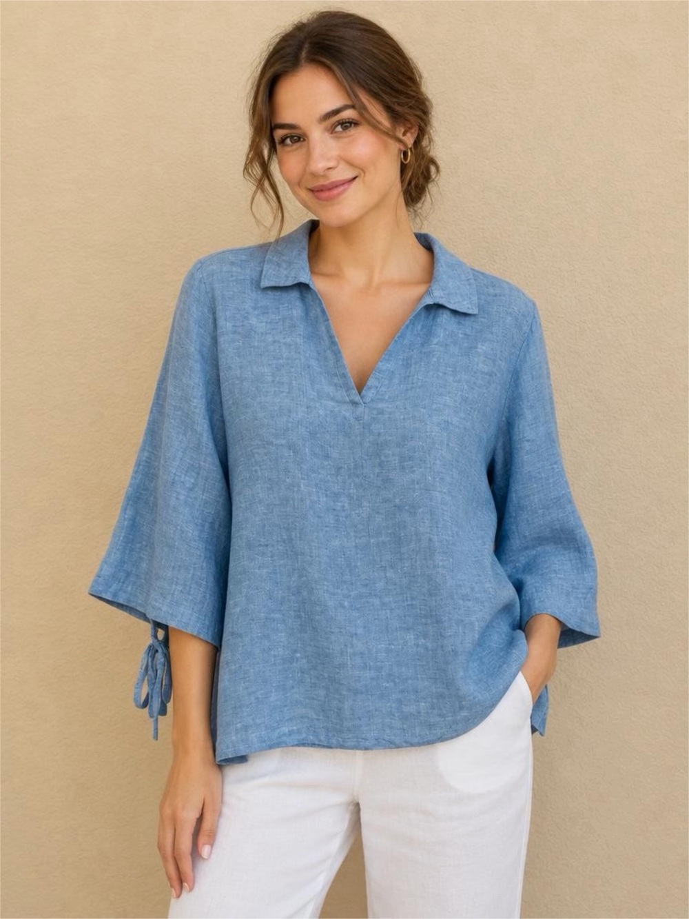 Isaac Mizrahi All Linen Light Blue V-Neck Collar Tunic Sz M